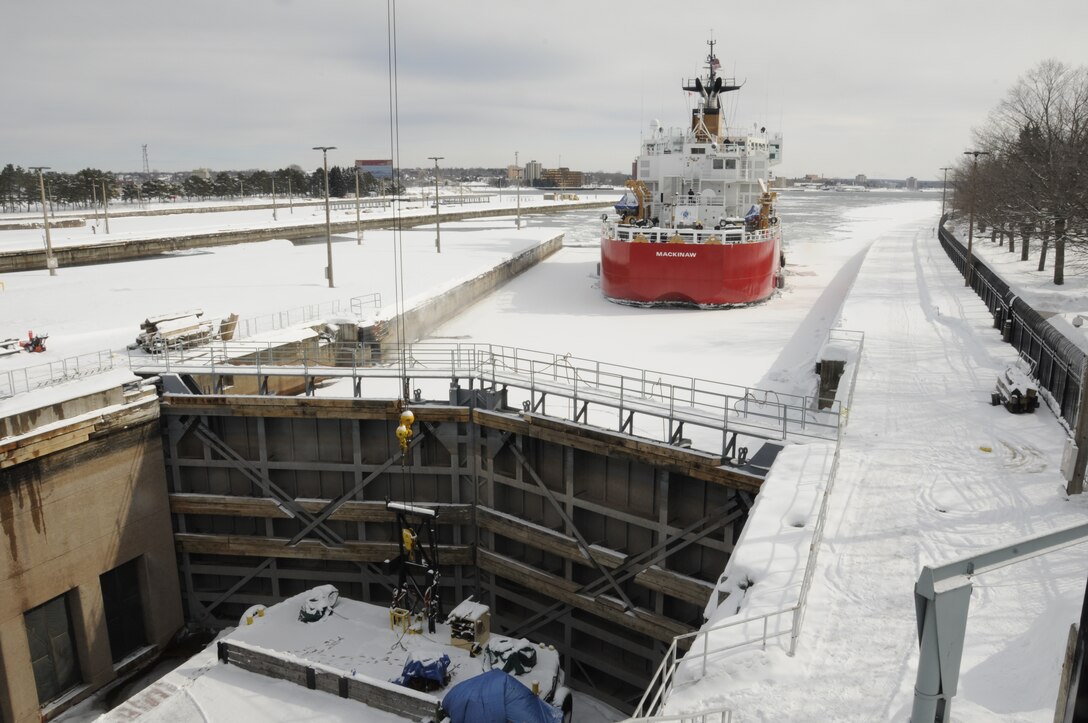A close-up view of the US Coast Guard cutter Mackinaw breaking ice in the lower approach to the MacArthur Lock at the Soo Locks March 13. Ice breaking operations began mid-March to prepare for the 2013 Great Lakes shipping season.