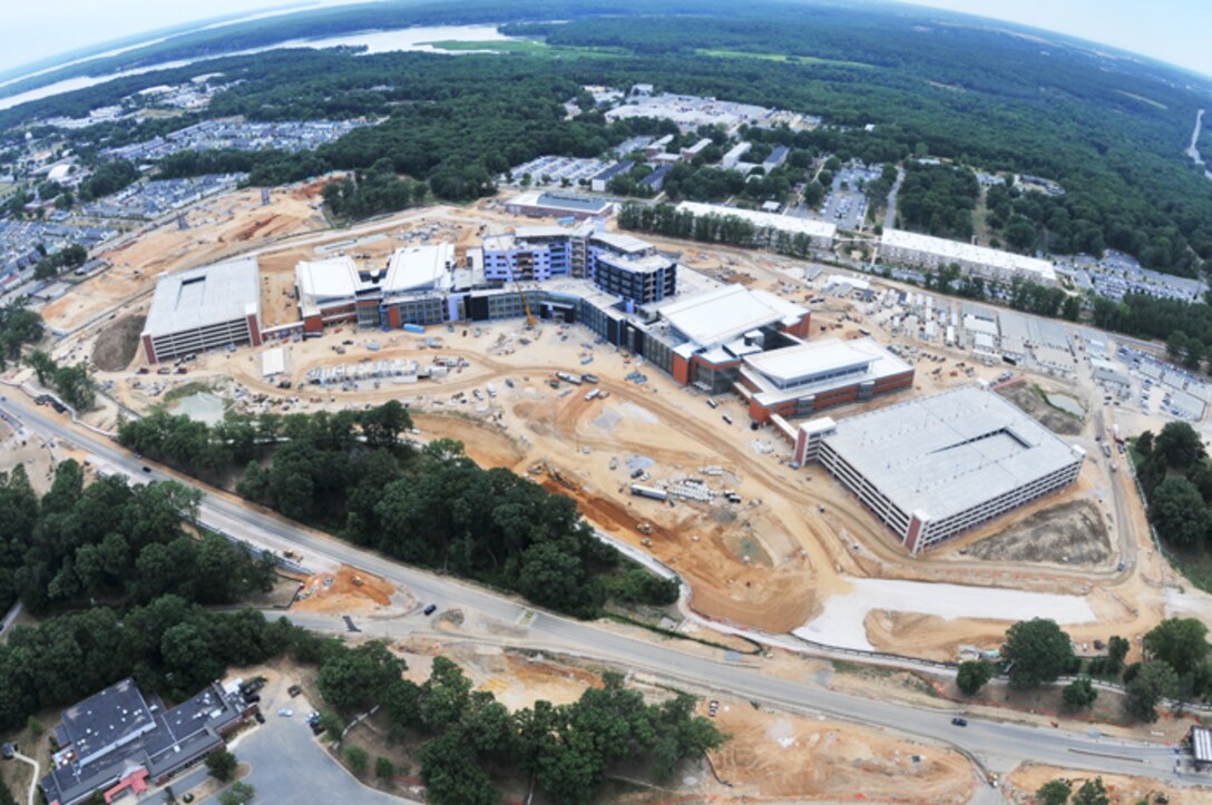 An aerial view of the new hospital at Fort Belvoir, Va., taken during construction in June 2010. The Huntsville Center Medical Center of Expertise has the responsibility to develop medical design and construction policies, technical guidance, procedures, criteria, specifications, and standards that integrate medical unique design,construction and operational requirements.