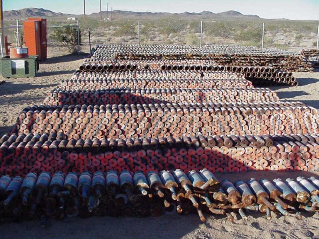 Training munitions await safe disposal at Fort Irwin, Calif.  The Huntsville Center Environmental and Munitoins Center of Expertise provides quality assurance and technical support to Corps offices worldwide in their execution of environmental and munitions response missions like this one.