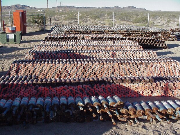 Training munitions await safe disposal at Fort Irwin, Calif.  The Huntsville Center Environmental and Munitoins Center of Expertise provides quality assurance and technical support to Corps offices worldwide in their execution of environmental and munitions response missions like this one.