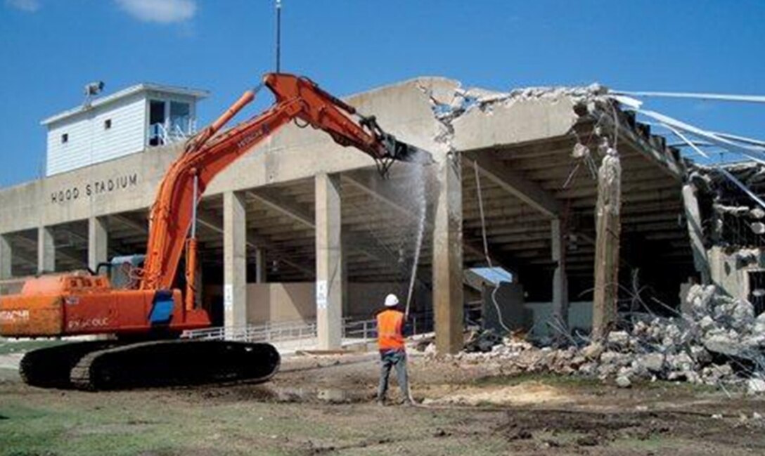 Charter Environmental workers take down the 5,500 seat Prichard Stadium at Fort Hood, Texas. Nearly all materials from the stadium were recycled -- 99.56 percent. The space will be used to make room for a new hospital.