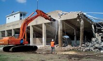 Charter Environmental workers take down the 5,500 seat Prichard Stadium at Fort Hood, Texas. Nearly all materials from the stadium were recycled -- 99.56 percent. The space will be used to make room for a new hospital.