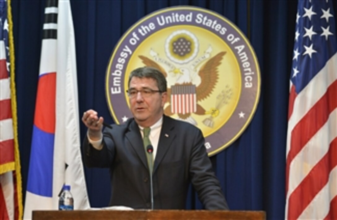 Deputy Secretary of Defense Ashton B. Carter holds a press conference with local media at the U.S. Embassy in Seoul, South Korea, on March 18, 2013.  Carter took questions from Korean press regarding recent provocative actions on the part of North Korea and reiterated the U.S. commitment to Korea's security.   