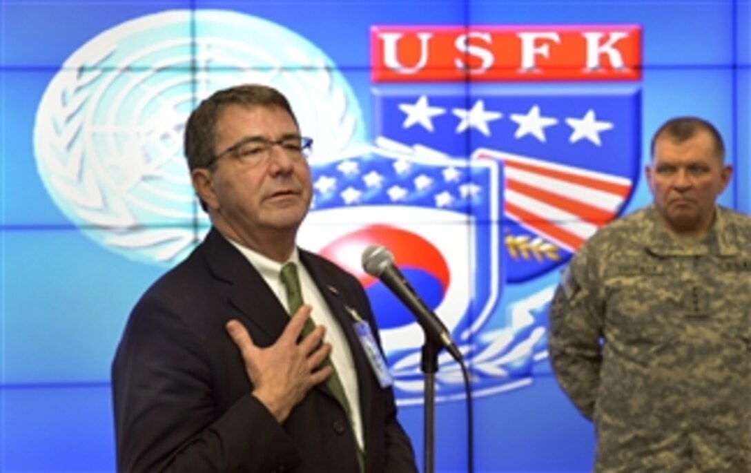 Deputy Secretary of Defense Ashton B. Carter talks to U.S. and South Korean soldiers assigned to the Joint Operations Center of Command Post Tango near Seoul, South Korea, on March 18, 2013.  Carter thanked the troops for their service and reminded them to thank their family members for the sacrifices they make in serving their countries.  