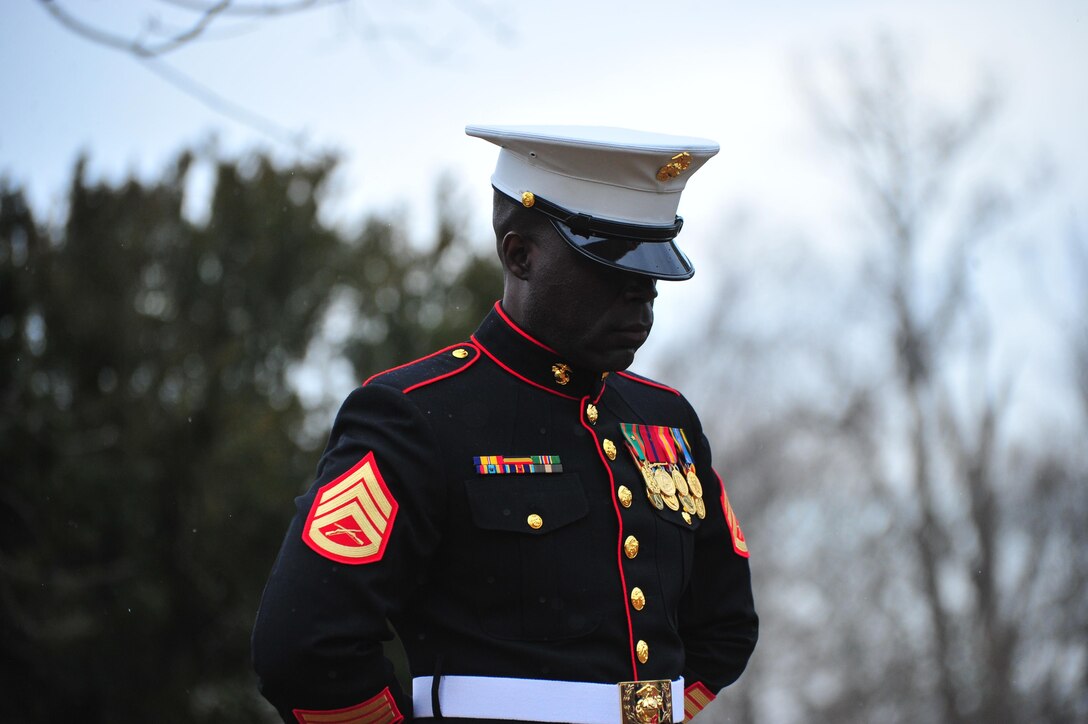 Staff Sgt. Evans Janvier, staff noncommissioned officer-in-charge of Marine Corps Base Quantico Ceremonial Platoon, bows his head in prayer on March 16, 2013, at the 262nd anniversary of former President James Madison's birth. Madison, the fourth president of the United States, is known as the Father of the Constitution, because of his pivotal role in the document's drafting.
