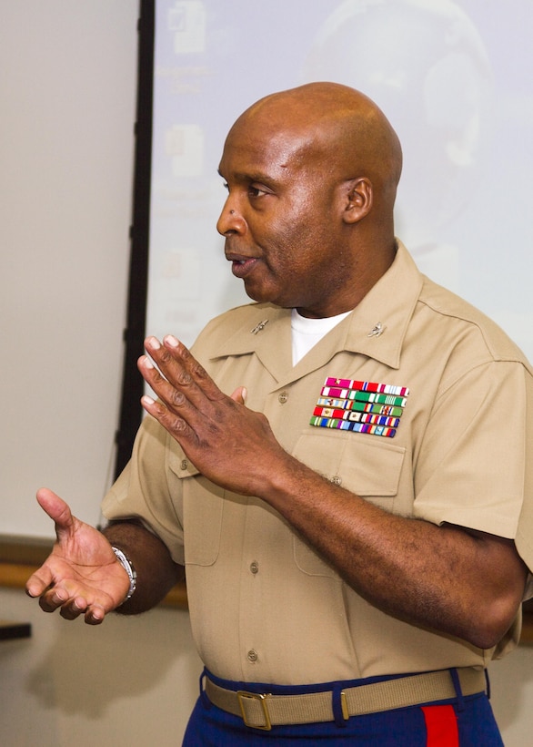 Colonel Robert C. Clement, director, Promotions Branch, Manpower and Reserve Affairs, speaks to students at Virginia Commonwealth University during the Marine Corps Leadership Seminar, Mar. 15. Clement shared lessons learned over his near 30 year career as a Marine officer. 