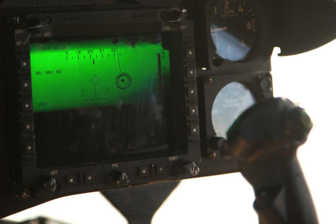 Pilots with Marine Medium Helicopter Squadron 364 (Rein.), 15th Marine Expeditionary Unit, use a screen to guide their aircraft to a refueling probe in the U.S. 5th Fleet area of responsibility, March 14. The 15th MEU is deployed as part of the Peleliu Amphibious Ready Group as a U.S. Central Command theater reserve force, providing support for maritime security operations and theater security cooperation efforts in the U.S. 5th Fleet area of responsibility. (U.S. Marine Corps photo by Cpl. John Robbart III)