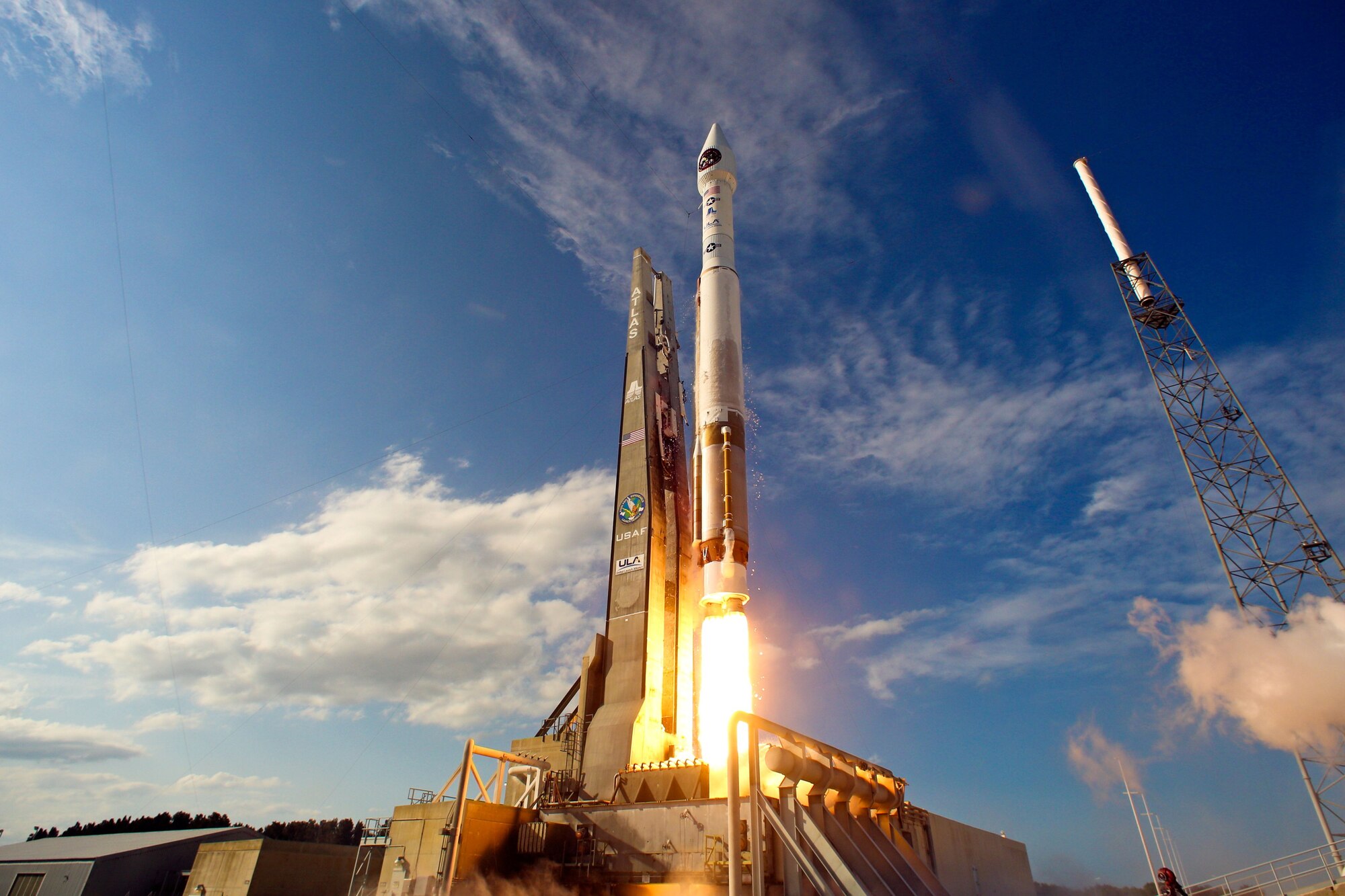 The SBIRS GEO-2 satellite launches from Cape Canaveral AFS, Fla., March 19. The spacecraft separated from the upper stage approximately 43 minutes after launch.  Following separation, the spacecraft began a series of orbital maneuvers to propel it to a geosynchronous earth orbit.  (Photo courtesy of United Launch Alliance) 