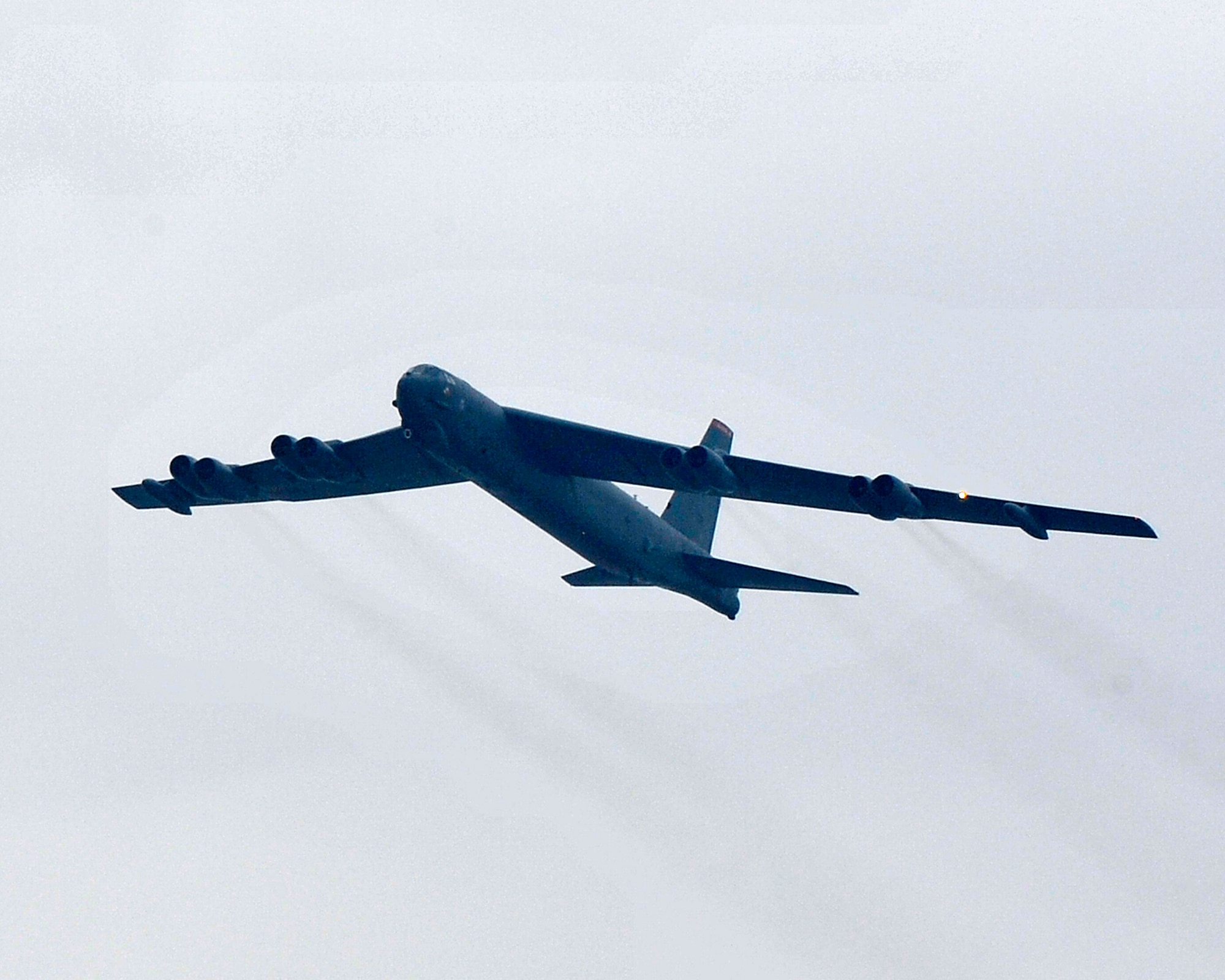 A B-52 Stratofortress conducts a training flight over the Republic of Korea, March 19, 2013. As part of the U.S. Pacific Command's Continuous Bomber Presence, the crew practiced dropping bombs on targets at Pilsung Range. The mission highlighted the extended deterrence and conventional capabilities of the B-52, and reinforced the U.S. commitment to the security of our allies and partners. Training opportunities such as CBP remain important to ensure U.S. and ROK forces are battle-ready and trained to employ airpower to deter aggression, defend the ROK, and defeat any attack against the alliance. (U.S. Air Force photo/SSgt Emerson Nunez)