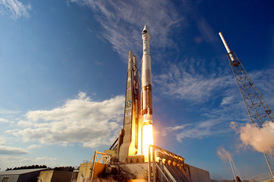 Cape Canaveral Air Force Station, Fla. – A United Launch Alliance Atlas V rocket blasts off from Space Launch Complex-41 carrying the second Space-Based Infrared System (SBIRS) GEO-2 satellite for the U.S. Air Force at 5:21 p.m. EDT March 19. SBIRS persistent surveillance capabilities enable detection and reporting of missile launches around the globe, support the nation’s ballistic missile defense system, expand technical intelligence, and gather and bolster situational awareness for warfighters on the battlefield (Photo by Pat Corkery, United Launch Alliance). 

