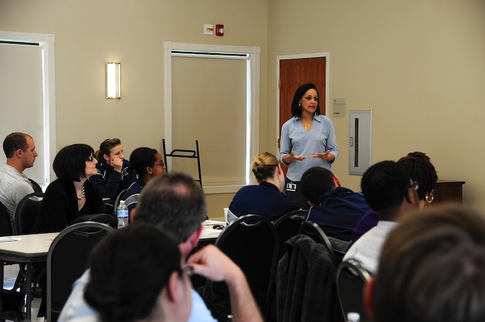 Brenda Edmonds, 628th Medical Group Family Advocacy Outreach manager, briefs dealing with stress on the job and at home during Wingman Day March 14, 2013, at the Chapel Annex on Joint Base Charleston – Air Base. During Wingman Day, Joint Base Charleston Airmen participated in activities such as resiliency training, group discussions and scavenger hunts as well as sports and barbecues with their units. (U.S. Air Force photo/Staff Sgt. Rasheen Douglas)