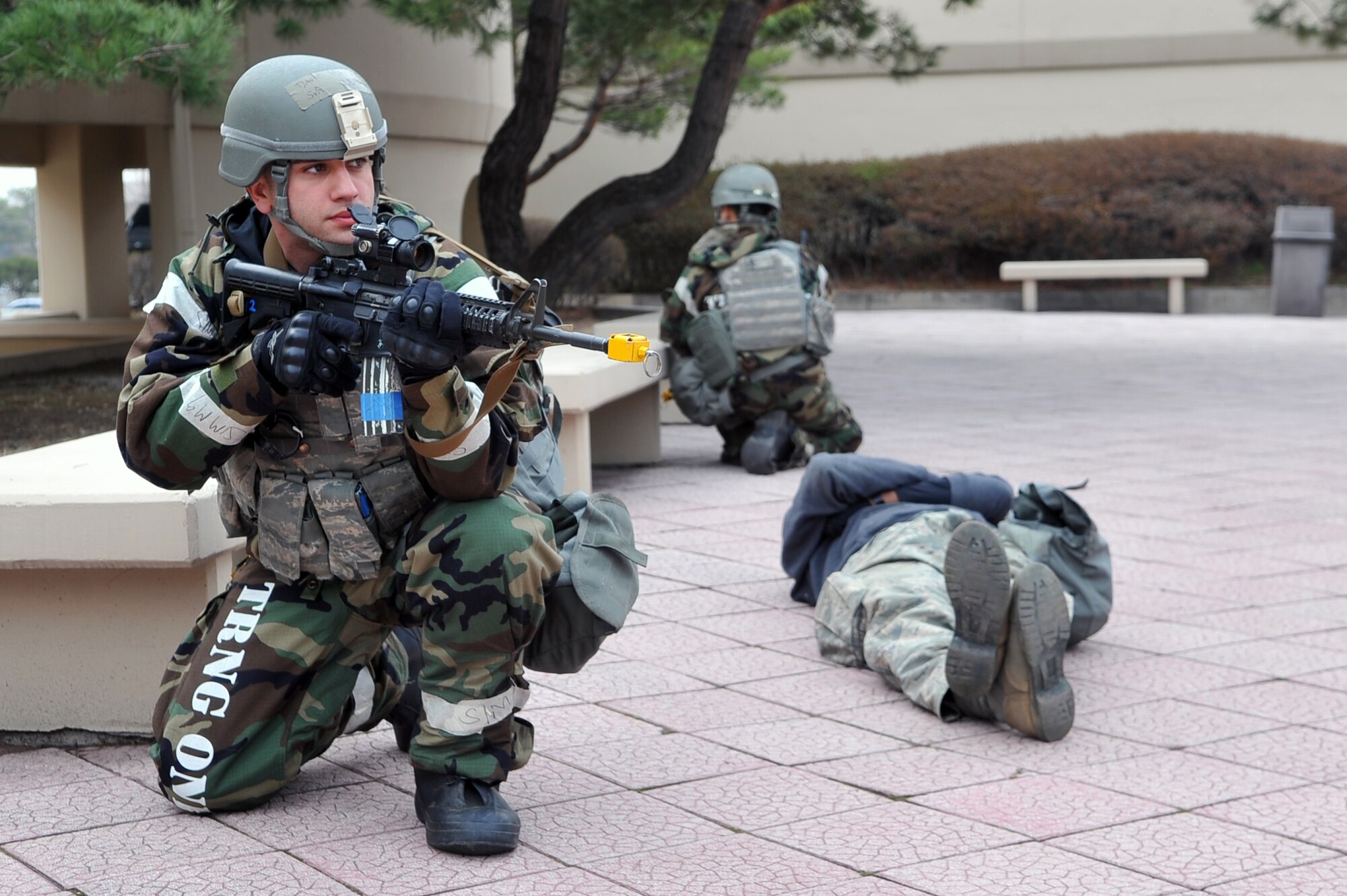 Senior Airman David Nama, 51st Security Forces defender, guards the perimeter as part of a training scenario during Operational Readiness Exercise Beverly Midnight 13-02 at Osan Air Base, Republic of Korea, March 19, 2013. The training scenario tested the 51st SFS’s ability to defend the base against opposing forces in a heightened state of readiness. This is Osan’s third simulated wartime contingency exercise in 2013. (U.S. Air Force photo/Senior Airman Alexis Siekert) 