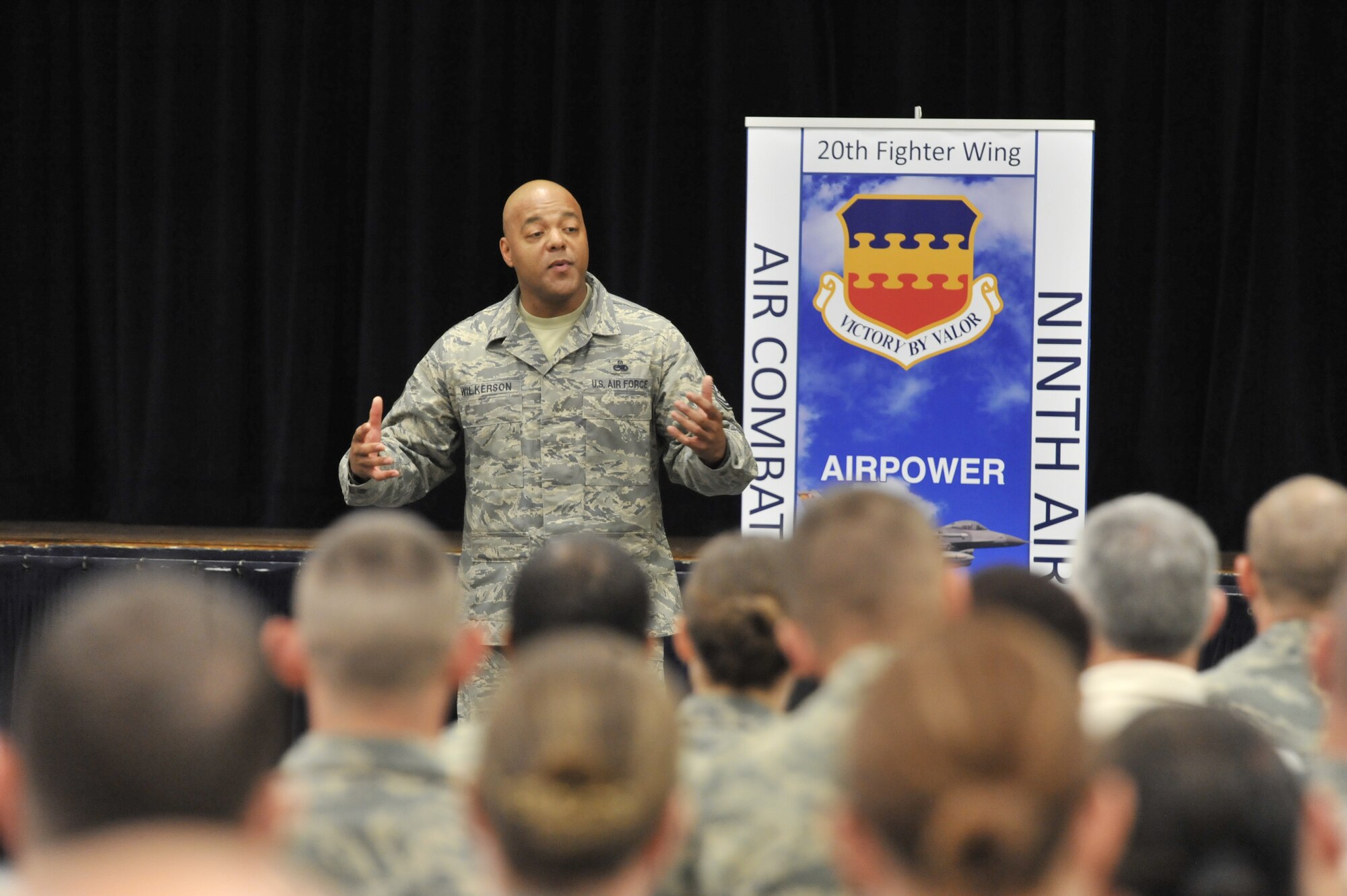 U.S. Air Force Chief Master Sgt. James Wilkerson, 20th Fighter Wing command chief, talks to a group of Airmen at the first Leadership Friday, Shaw Air Force Base Community Activity Center, S.C., March 15, 2013. Leadership Friday is a new program that will bring guest speakers to talk about their experiences and what it takes to be a leader. (U.S. Air Force photo by Senior Airman Amber E. N. Jacobs/Released)