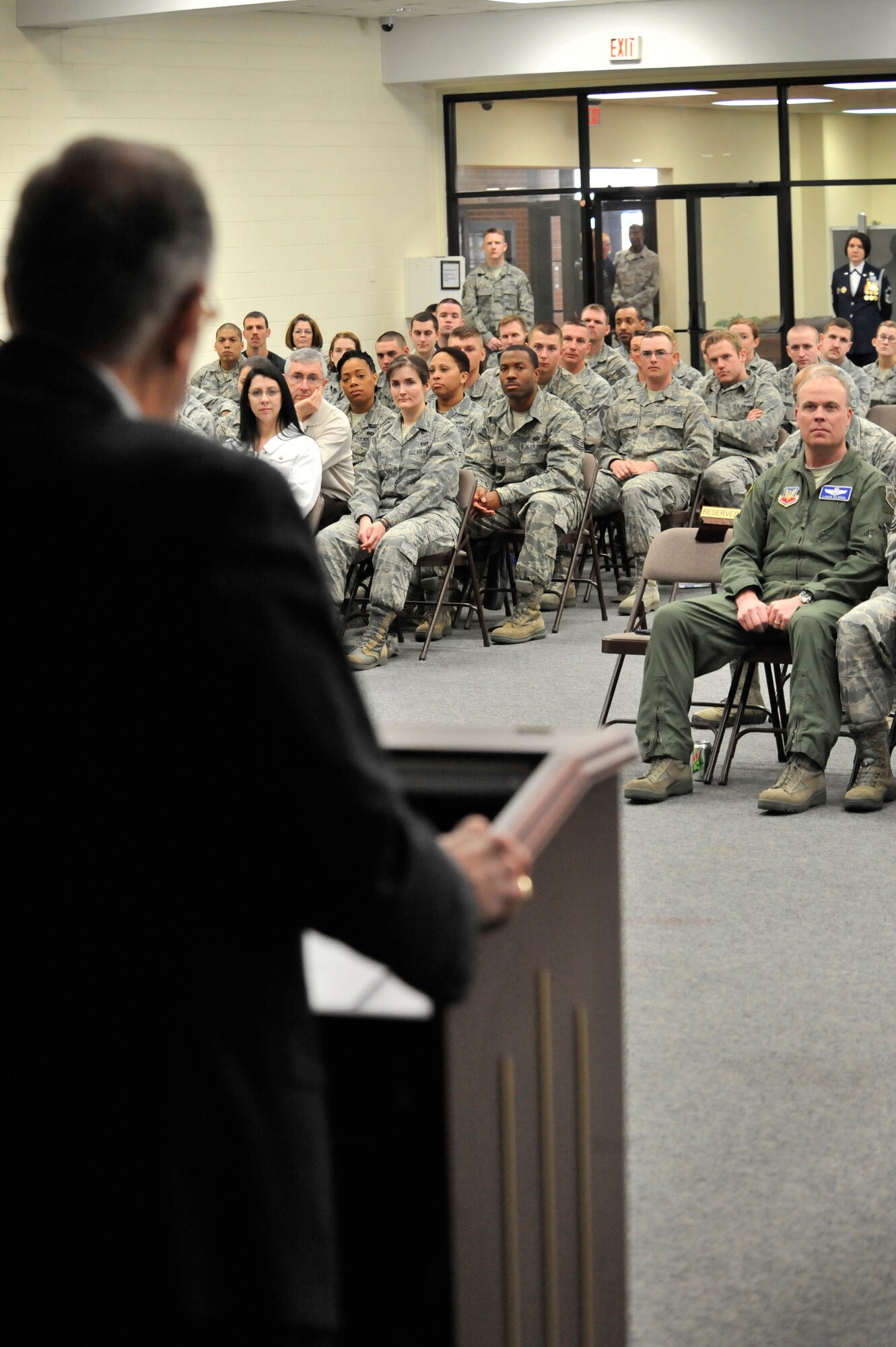 Sumter Mayor Joseph McElveen, Jr., talks to Team Shaw about leadership, Shaw Air Force Base Community Activity Center, S.C., March 15, 2013. Presented by the Top 3 Council, the event was part of a new effort called “Leadership Friday.” A guest speaker will talk to Team Shaw about leading every quarter. McElveen, a former Air Force officer, was the first guest speaker to share from his experiences as a leader. (U.S. Air Force photo by Senior Airman Amber E. N. Jacobs/Released)