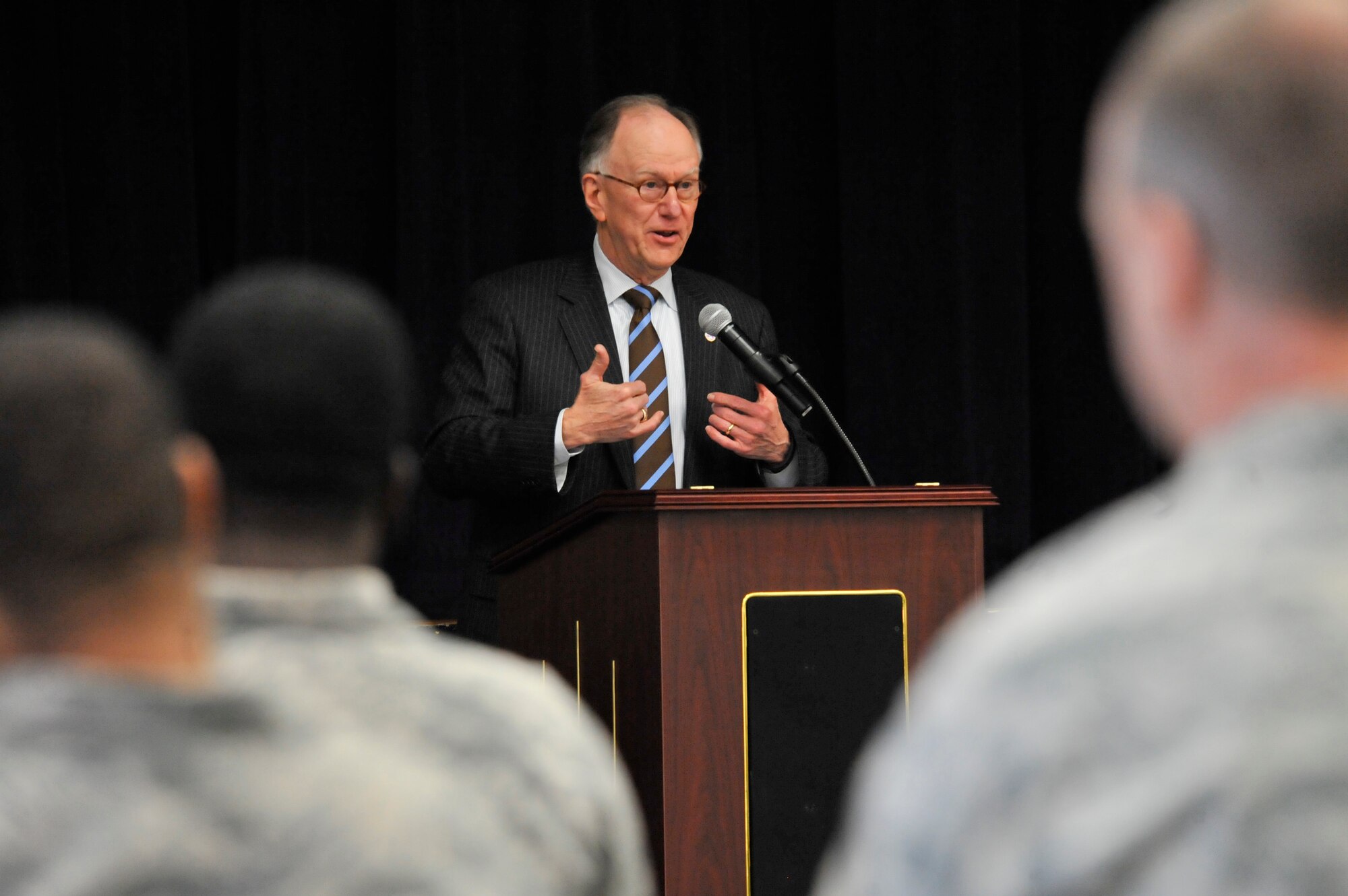 Sumter Mayor Joseph McElveen, Jr., talks to Team Shaw members about leadership, Shaw Air Force Base Community Activity Center, S.C., March 15, 2013. Presented by the Team Shaw Top 3, the event was part of a new effort called “Leadership Friday.” A guest speaker will talk to Team Shaw about leading every quarter. McElveen, a former Air Force officer, was the first guest speaker to share from his experiences as a leader. (U.S. Air Force photo by Senior Airman Amber E. N. Jacobs/Released)