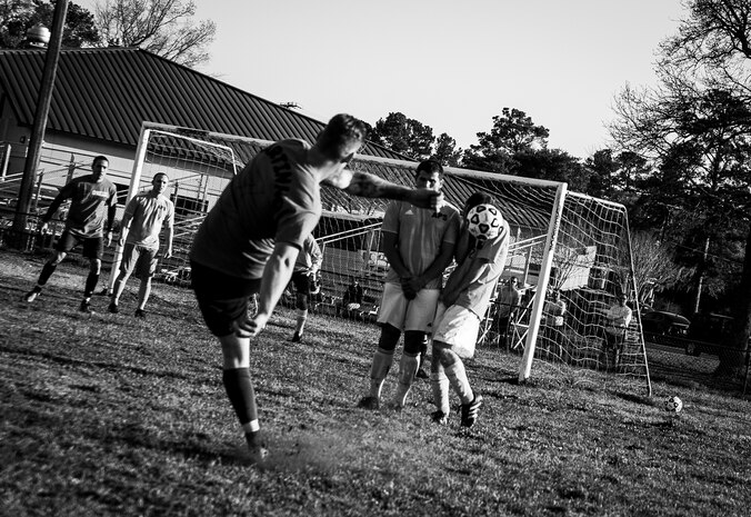 Brenton Marti, 437th Aircraft Maintenance Squadron intramural soccer team midfielder, performs a direct kick against the 437th Aerial Port Squadron intramural soccer team March 14, 2013, at the Joint Base Charleston – Air Base soccer fields. The 437th AMXS soccer team squeaked by the 437th APS soccer team in a 4 – 2 shootout win in Joint Base Charleston’s 2013 intramural soccer season opener. (U.S. Air Force photo/ Senior Airman Dennis Sloan)