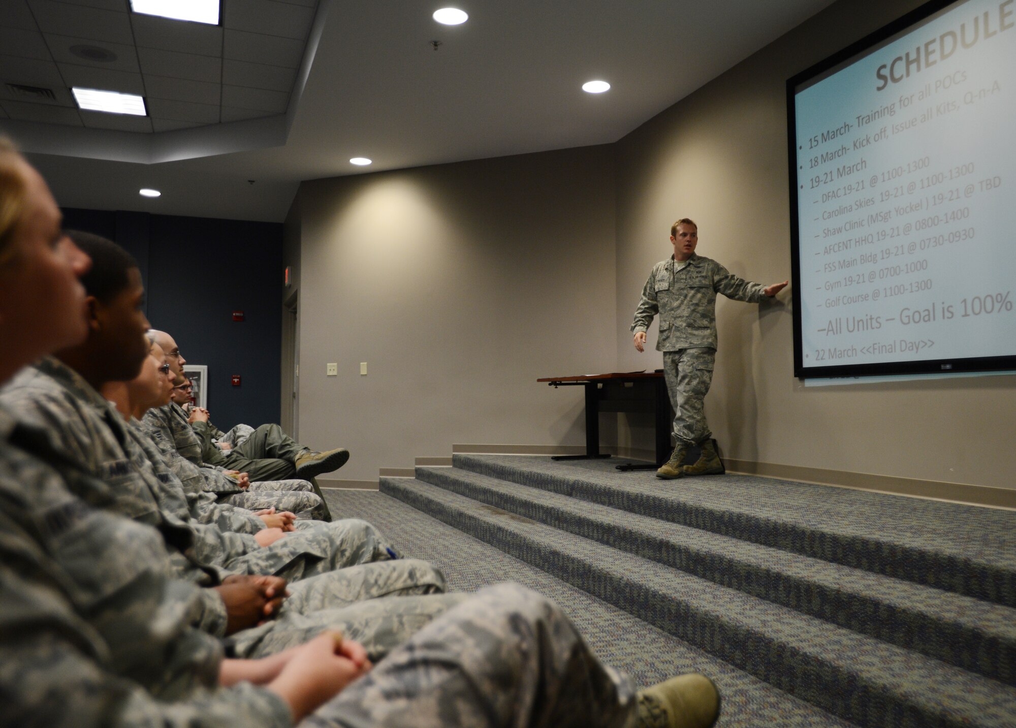 U.S. Air Force Capt. Neal Wendt, 609th Air Communications Squadron director of operations, speaks to squadron and unit representatives at the deployment processing center, Shaw Air Force Base, S.C., March 18, 2013. The C.W. Bill Young Department of Defense marrow donor program officially kicked off at the DPC and will continue throughout the week at different locations. (U.S. Air Force photo by Senior Airman Tabatha Zarrella/Released)
