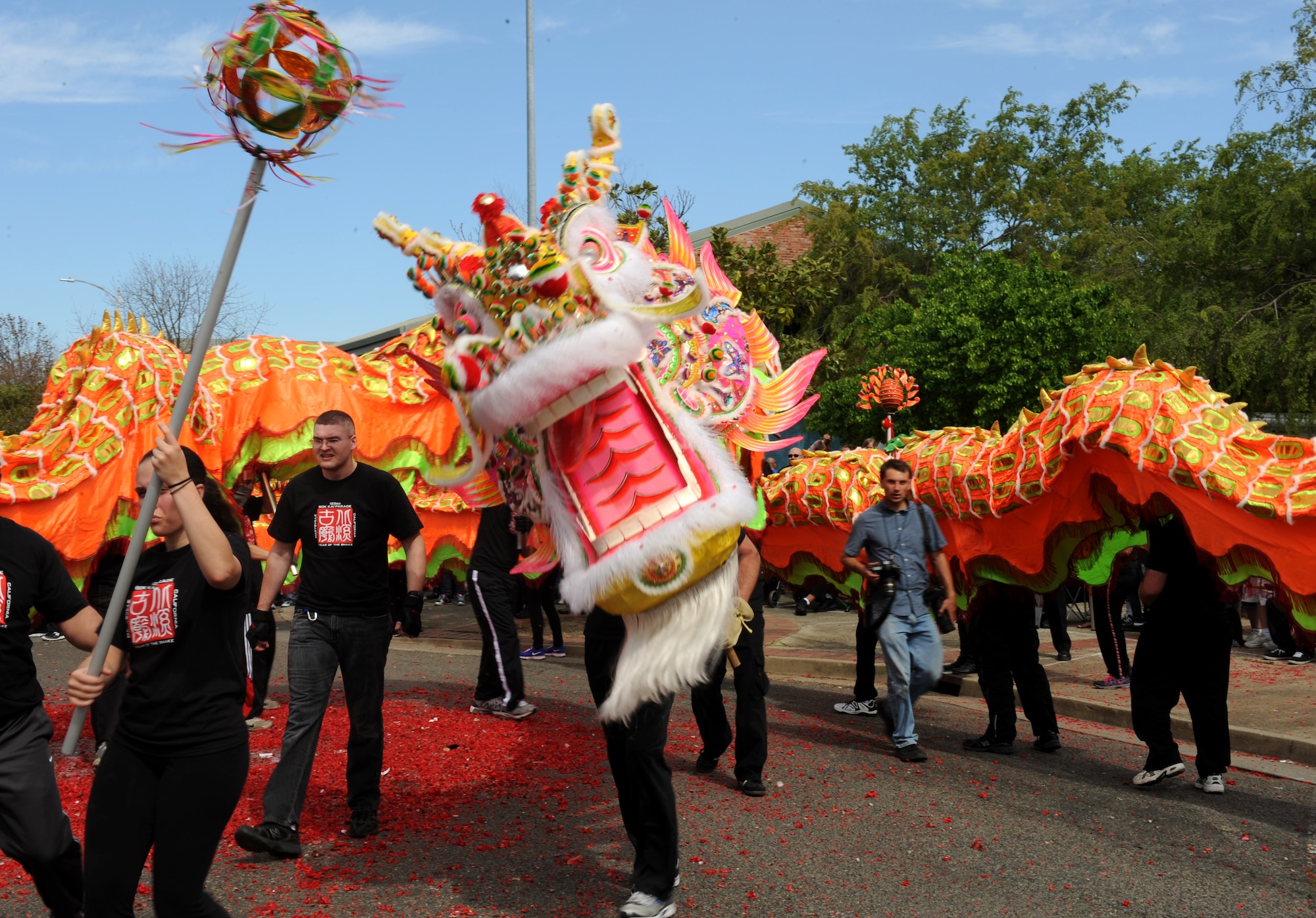 The Bok Kai Dragon dances during the Bok Kai Festival in Marysville, Calif., March 16, 2013. Many Team Beale members volunteered at the festival to bring the dragon to life. (U.S. Air Force photo by Staff Sgt. Robert M. Trujillo/Released)