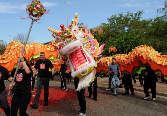 The Bok Kai Dragon dances during the Bok Kai Festival in Marysville, Calif., March 16, 2013. Service members from Beale Air Force Base, Calif., volunteered at the festival to bring the dragon to life. (U.S. Air Force photo by Staff Sgt. Robert M. Trujillo/Released)