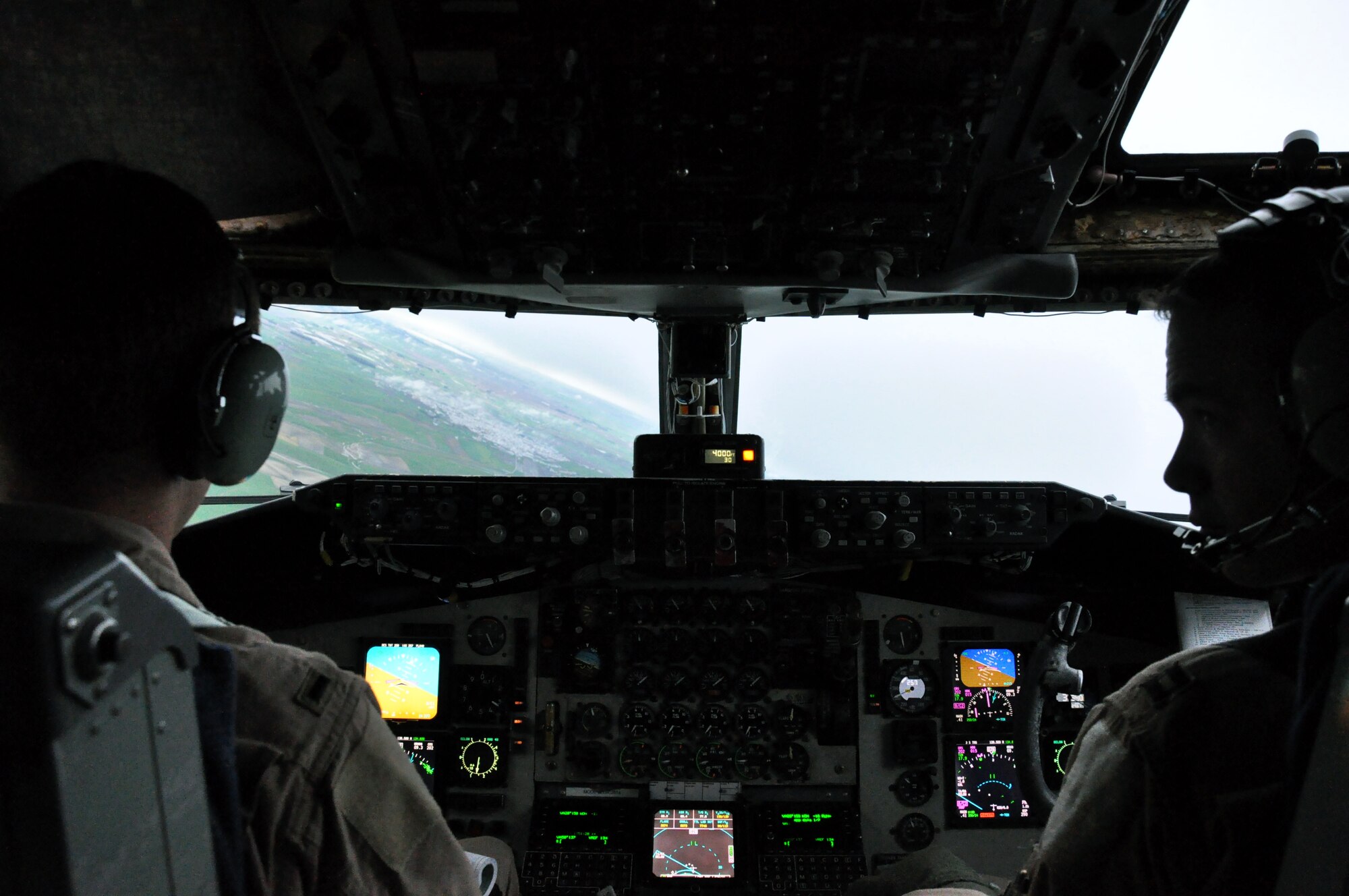 First Lt. John Lachiewicz and Capt. Tim Gerne, both 351st Expeditionary Air Refueling Squadron, bank their KC-135 Stratotanker toward the runway after a March 17, 2013, refueling mission. U.S. Air Force photo by Capt. Jason Smith)