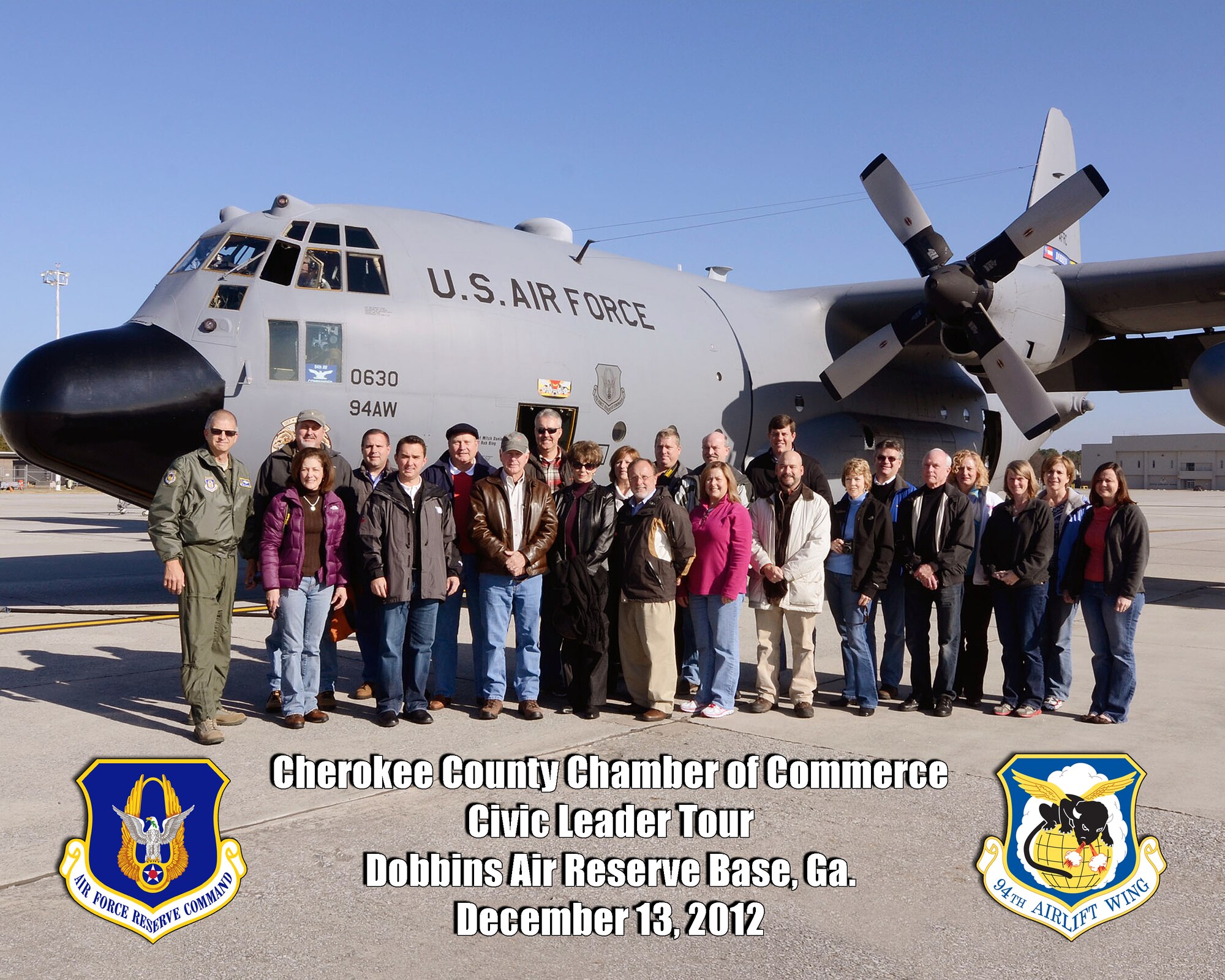 Senior leadership of the 94th Airlift Wing hosted the Cherokee County Chamber of Commerce on Dec. 13 for a tour which included a flight on a C-130 Hercules. (U.S. Air Force photo/Don Peek)