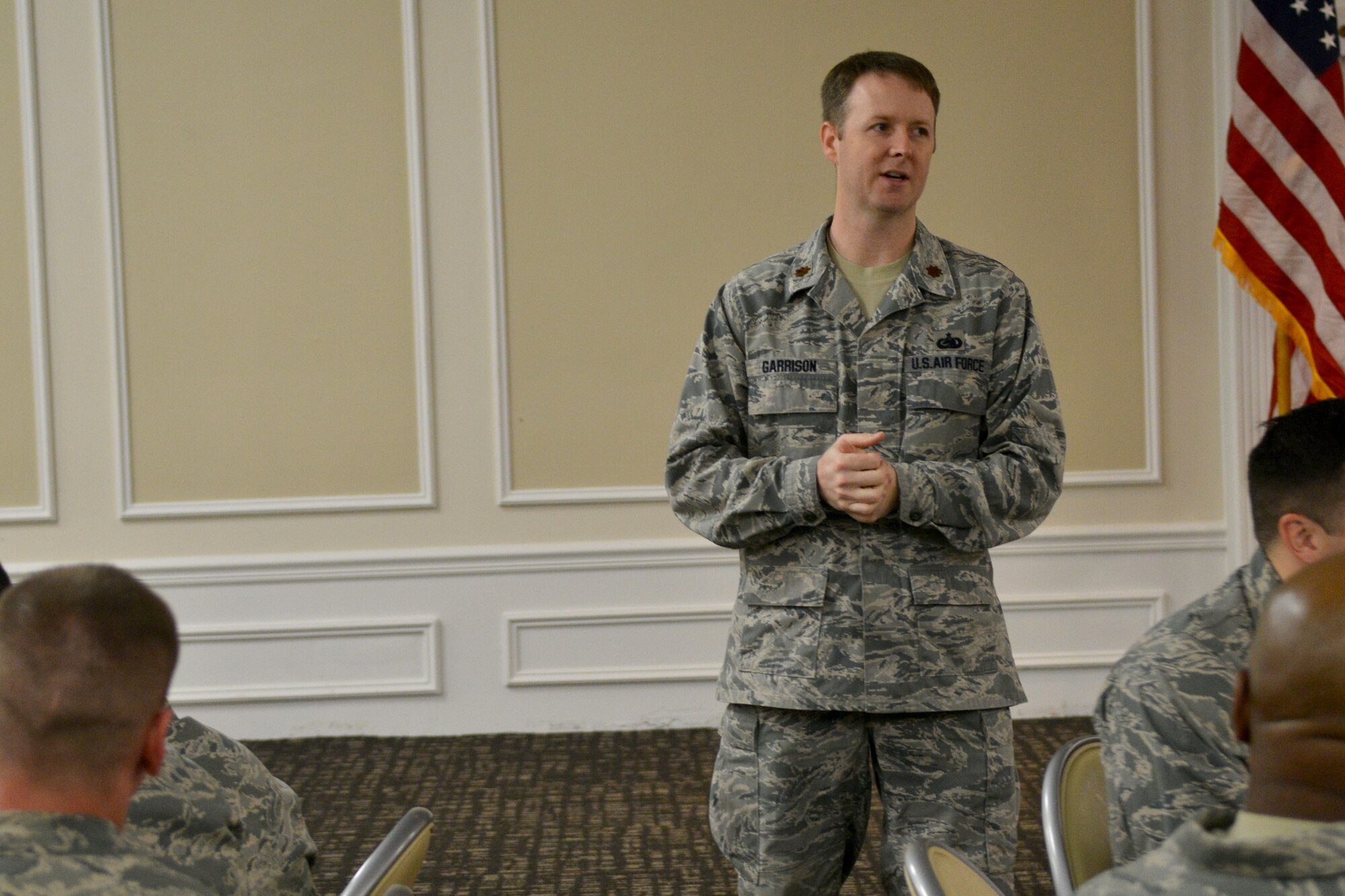 U.S. Air Force Maj. Jason Garrison, 20th Logistics Readiness Squadron commander, talks to his Airmen during the 20th LRS annual awards breakfast, Shaw Air Force Base, S.C., March 15, 2013. The purpose of the annual awards is to show appreciation to the Airmen who go above and beyond to exceed the Air Force expectations. (U.S. Air Force photo by Airman 1st Class Ashley L. Gardner/Released)
