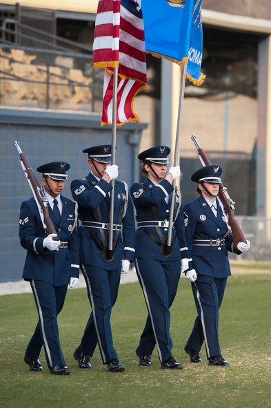 Members of the 138th Fighter Wing Color Guard presented colors during pre-game activities at J. L. Johnson Stadium on the campus of Oral Roberts University, in Tulsa, OK,  as part of the ORU baseballs Military Appreciation night.