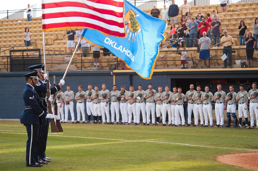 Members of the 138th Fighter Wing Color Guard presented colors during pre-game activities at J. L. Johnson Stadium on the campus of Oral Roberts University, in Tulsa, OK,  as part of the ORU baseballs Military Appreciation night.