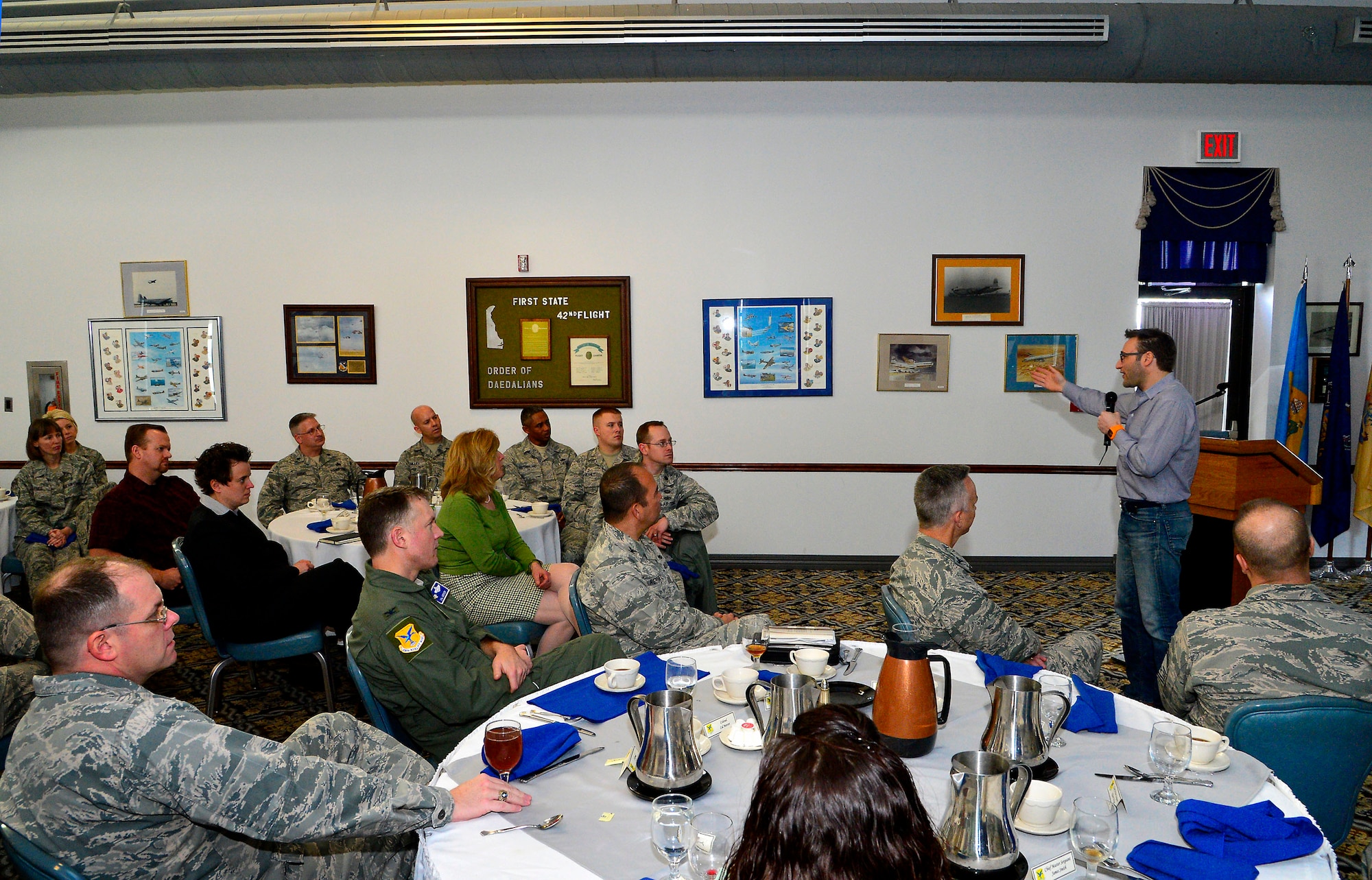 Simon Sinek, motivational speaker, speaks to 436th Airlift Wing group and squadron commanders at a luncheon March 14, 2013 at Dover Air Force Base, Del. (US Air Force photo/David S. Tucker)