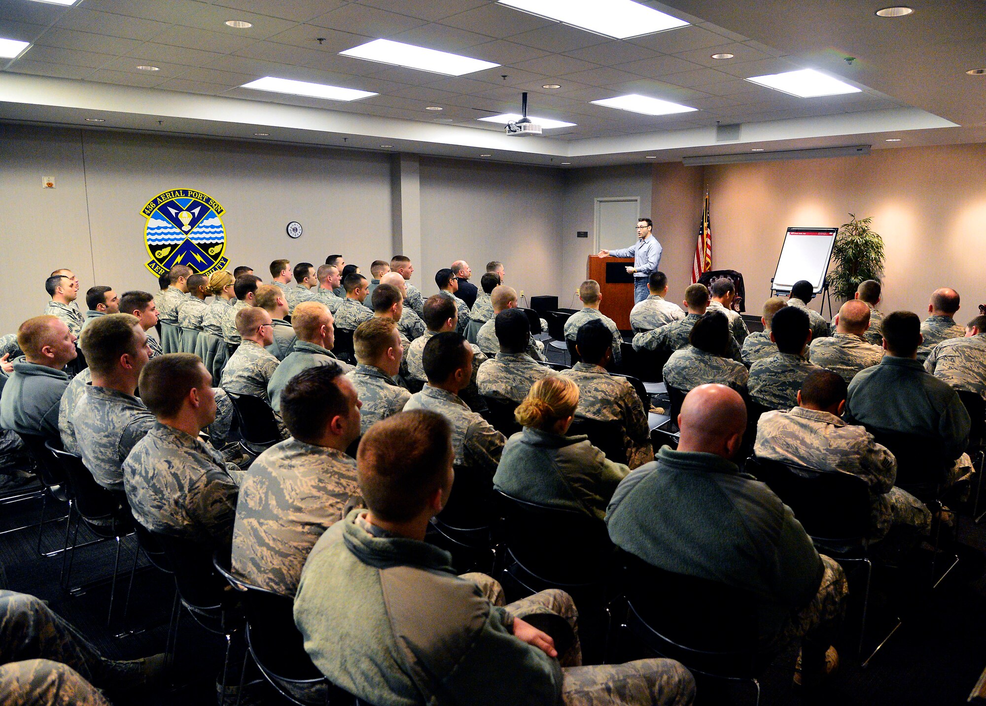 Simon Sinek, motivational speaker, speaks to the Airmen of the 436th Aerial Port Squadron March 14, 2013 at Dover Air Force Base, Del. (US Air Force photo/David S. Tucker)