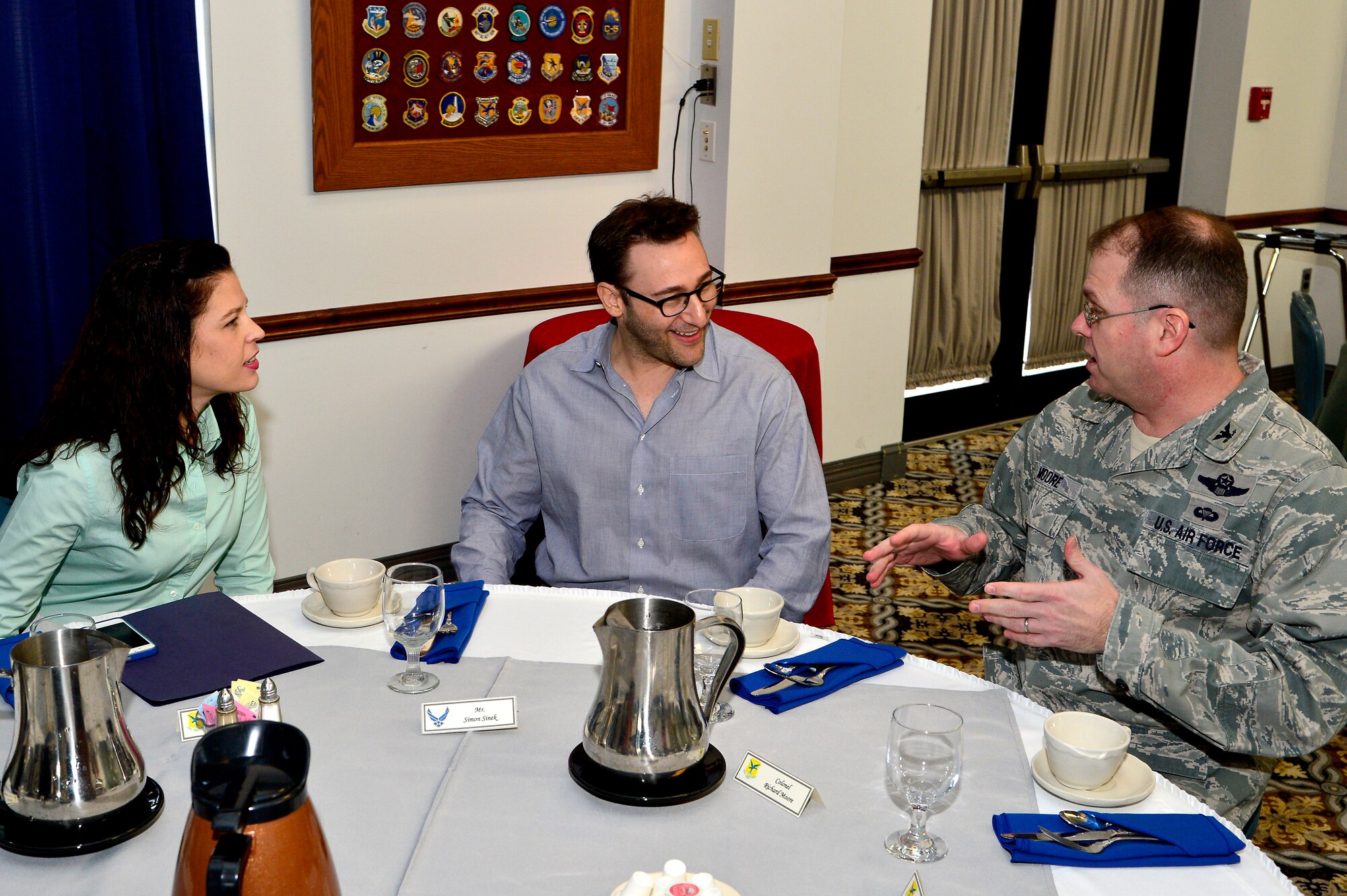Simon Sinek, motivational speaker, talks with Col. Rick Moore, 436th Airlift Wing commander, March 14, 2013 at Dover Air Force Base, Del. (US Air Force photo/David S. Tucker)