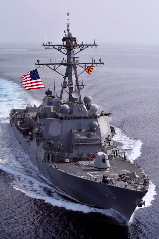 The guided-missile destroyer USS Jason Dunham transits in the U.S. 5th Fleet area of responsibility, March 14, 2013. 