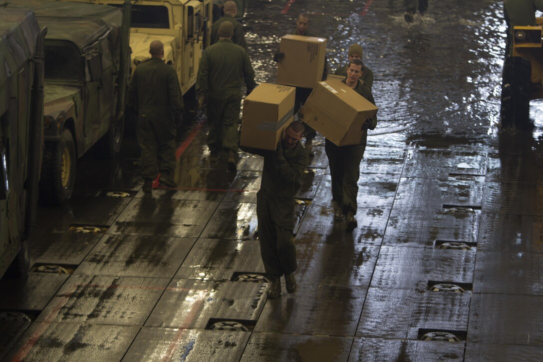 Marines assigned to the 26th Marine Expeditionary Unit (MEU) unload their gear and vehicles off of landing craft, air cushion vessels assigned to the USS Kearsarge (LHD 3), off the coast of Onslow Beach, N.C., March 13, 2013. The 26th MEU is deploying to the 5th Fleet and 6th Fleet areas of operation. The MEU operates continuously across the globe, providing the president and unified combatant commanders with a forward-deployed, sea-based, quick-reaction force. The MEU is a Marine Air-Ground Task Force capable of conducting amphibious operations, crisis-response and limited contingency operations. (U.S. Marine Corps photo by Cpl. Kyle N. Runnels/Released)