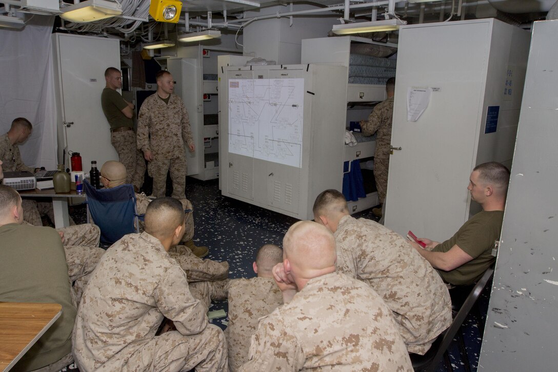 Marines and Sailors assigned to Battalion Landing Team 3/2, 26th Marine Expeditionary Unit (MEU), receive construction planning management classes in their berthing aboard the USS Kearsarge (LHD 3) while at sea March 18, 2013. The 26th MEU is deploying to the 5th Fleet and 6th Fleet areas of operation. The MEU operates continuously across the globe, providing the president and unified combatant commanders with a forward-deployed, sea-based, quick-reaction force. The MEU is a Marine Air-Ground Task Force capable of conducting amphibious operations, crisis-response and limited contingency operations. (U.S. Marine Corps photo by Cpl. Kyle N. Runnels/Released)