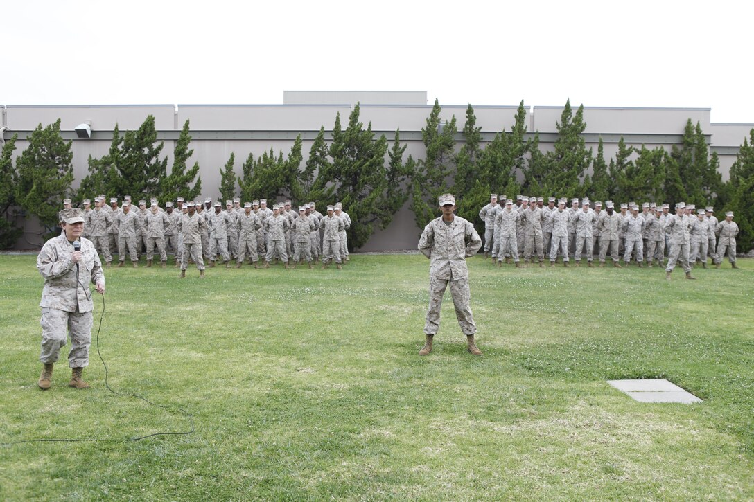 Maj. Gen. Angela Salinas, the director of Manpower Management Division, Manpower and Reserve Affairs, Headquarters Marine Corps, and the first woman in the Marine Corps to command a recruiting station, spoke during a morning colors ceremony, in honor of Women’s History Month, aboard Marine Corps Air Station Miramar, Calif., March. 18. Salinas was the guest of honor at the event.