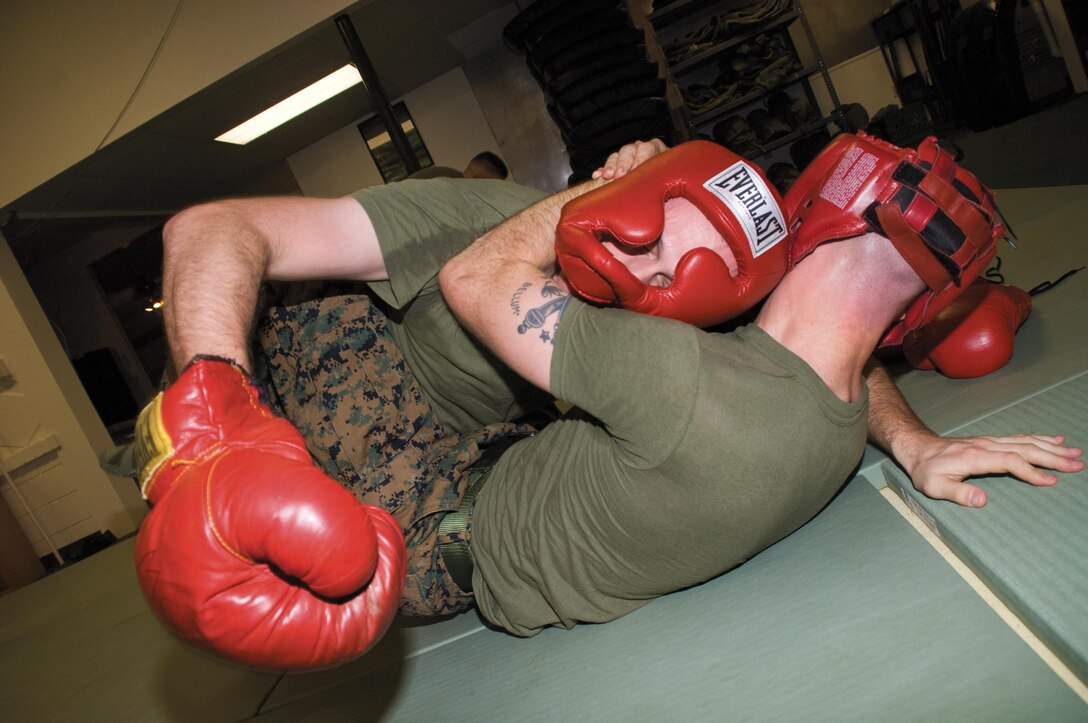 Marines spar during Marine Corps Martial Arts Program training aboard Marine Corps Logistics Base Albany, recently. 