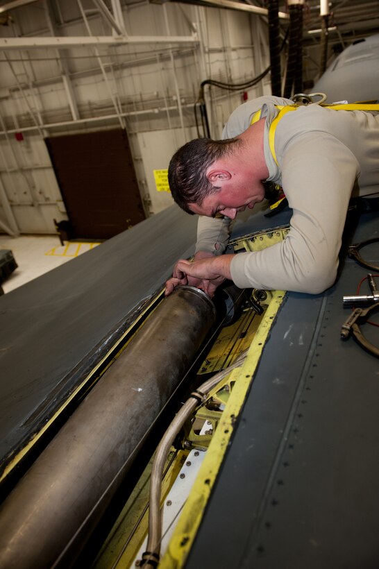 Staff Sgt. Richard Burton, 28th Aircraft Maintenance Squadron electro-environmental technician, installs a seal to a B-1 bleed air duct for a 1,800 day maintenance inspection during an Operational Readiness Exercise on Ellsworth Air Force Base, S.D., March 20, 2013. These day-specific inspections must be completed before an aircraft can continue to fly safely. (U.S. Air Force photo by Airman 1st Class Kate Thornton-Maurer/Released)