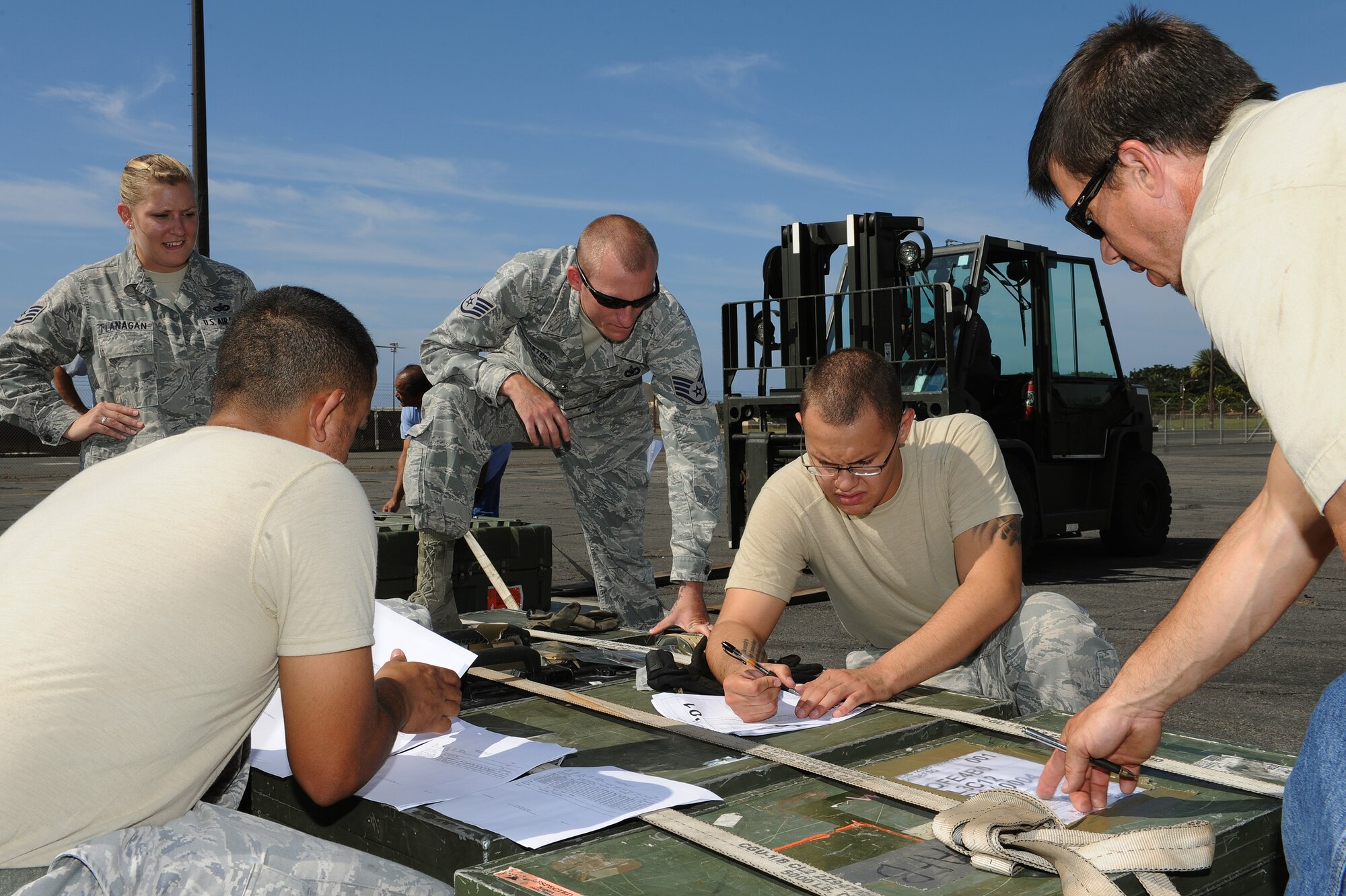Matt Tramuto, 15th Maintenance Squadron, aerospace ground equipment, in-check technician (right) verifies that airmen from the 647th Security Forces have all their shipping documents  and  that they are labeled correctly prior to a simulated shipment  of cargo to a deployed location, during a mobility exercise at Joint Base Pearl Harbor-Hickam, Hawaii, March 20, 2013. The 15th Wing conducted this exercise to prepare personnel and equipment for an upcoming Operational Readiness Inspection later this year. (U.S. Air Force photo/Tech. Sgt. Jerome S. Tayborn)