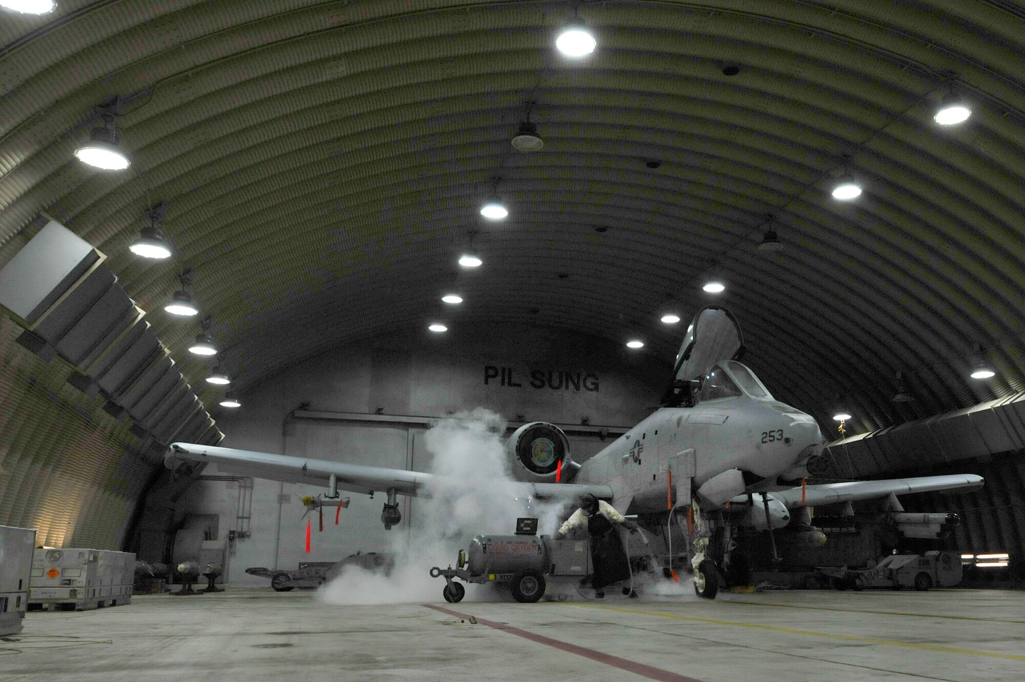 Senior Airman Ryan Holovich, 25th Aircraft Maintenance Unit crew chief, services liquid oxygen on an A-10 Thunderbolt II, during an Operation Readiness Exercise Beverly Midnight 13-02 at Osan Air Base, Republic of Korea, March 21, 2013. Airmen with the 25th AMU and all over the base are  constantly working  24/7 throughout the week-long exercise in all types of weather conditions. These types of exercises test Osan Airmen’s abilities during a heightened state of readiness while providing combat ready forces for close air support, air strike control, forward air control-airborne, combat search and rescue, counter air and fire, and interdiction in the defense of the Republic of Korea. (U.S. Air Force photo/Staff Sgt. Sara Csurilla)