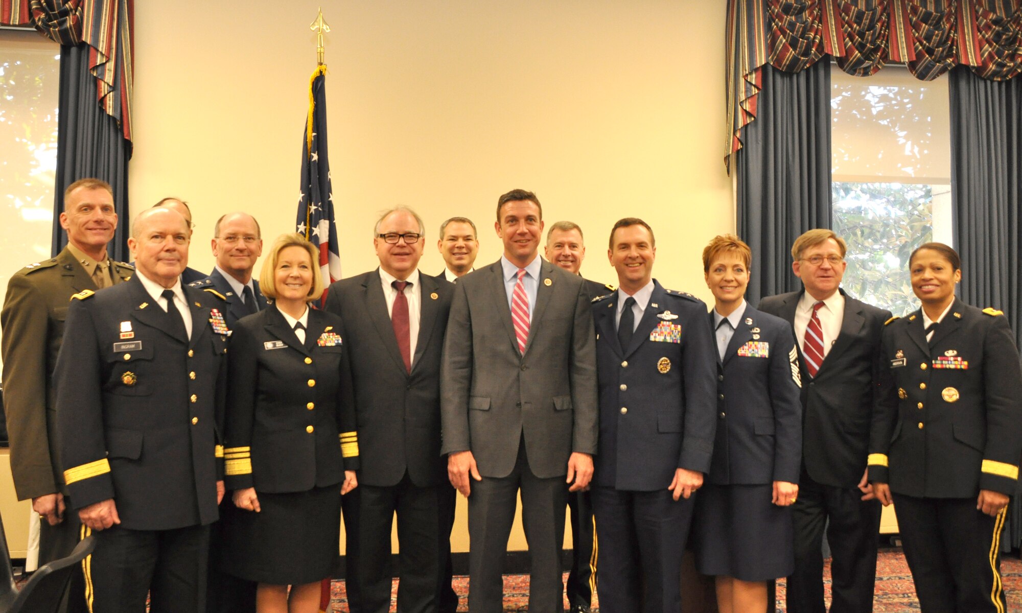 Service chiefs from the Reserve and Guard components of the U.S. Air Force, Army, Navy, Marine Corps and Coast Guard House pose for a picture with Rep. Duncan Hunter of California and Rep. Timothy Walz of Minnesota, co-chairs of the House National Guard and Reserve Components Caucus, on Capitol Hill, March 14, 2013. The NGRCC convenes annually to ensure the National Guard and Reserve components are resourced and have inputs on policy and force structure within the Department of Defense. (U.S. Air Force photo/Staff Sgt. Katie Spencer)