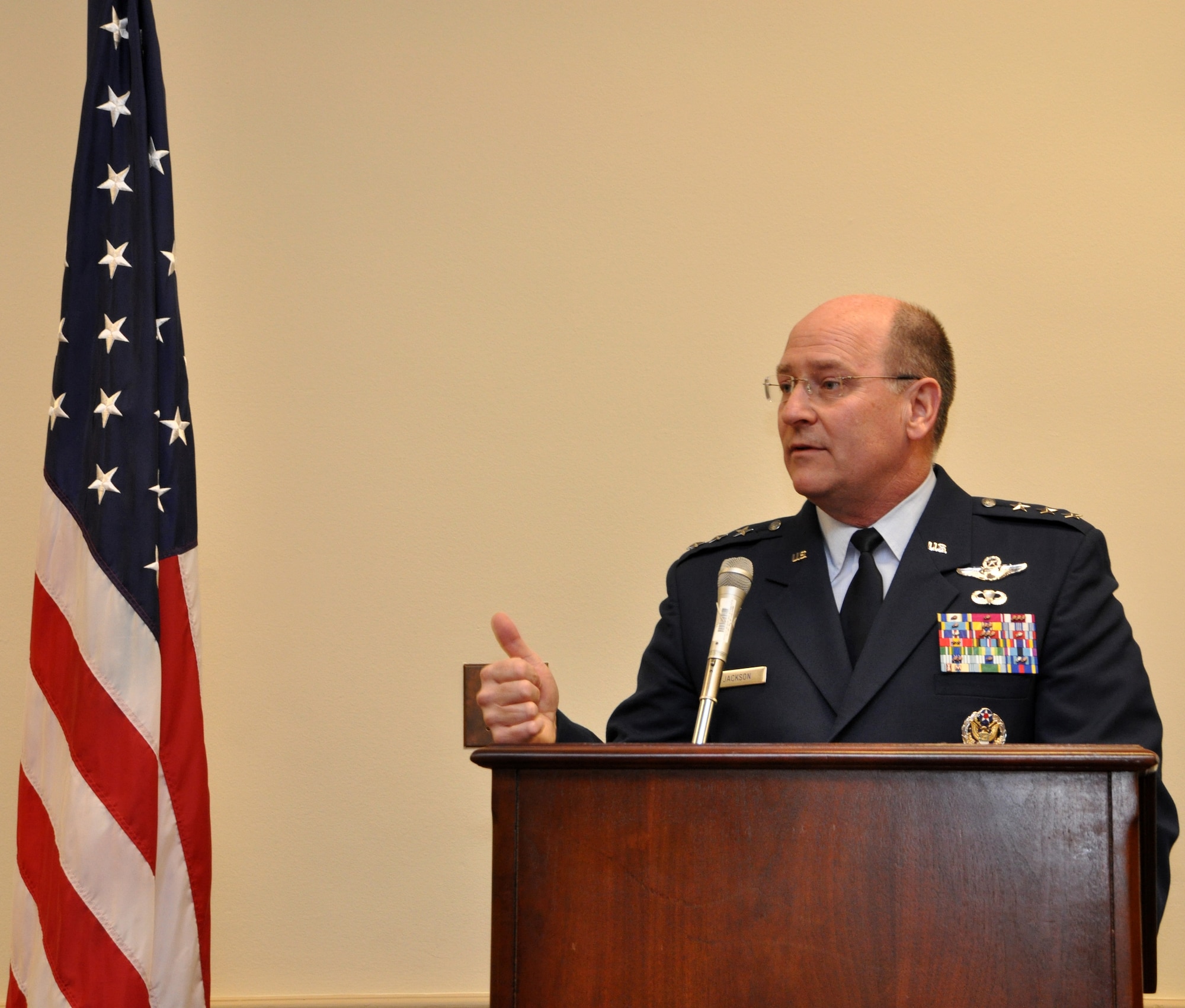 U.S. Air Force Lt. Gen. James Jackson, the chief of Air Force Reserve and commander, Air Force Reserve Command, discusses his top three priorities to congress during a breakfast with the House National Guard and Reserve Components Caucus, on Capitol Hill, March 14, 2013. The NGRCC convenes annually to ensure the National Guard and Reserve components are resourced and have inputs on policy and force structure within the Department of Defense. (U.S. Air Force photo/Staff Sgt. Katie Spencer)