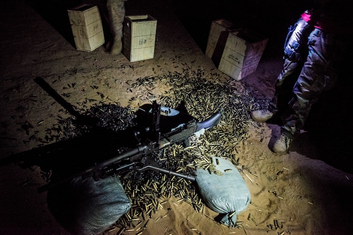 Thousands of shell casings lie around a M240B machine gun after a weapons familiarization and proficiency training course March 14, 2013, at Ft. Jackson, S.C. The 628th SFS performed the training for M240B proficiency for use on patrol boats on the Cooper River and surrounding area. (U.S. Air Force photo/ Senior Airman George Goslin)