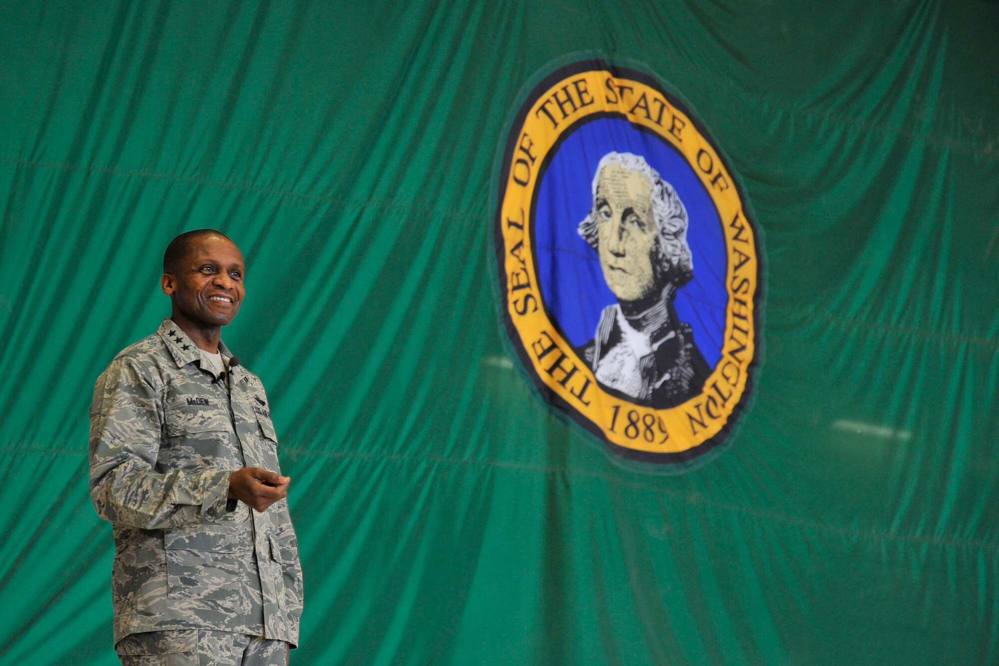 Lt. Gen. Darren McDew, 18th Air Force commander, speaks with members of Team Fairchild during an all-call at Fairchild Air Force Base, Wash., March 13, 2013. During the all-call, McDew spoke about the Air Force’s heritage and how Fairchild Airmen continue to contribute to it. (U.S. Air Force photo by Airman 1st Class Janelle Patiño)