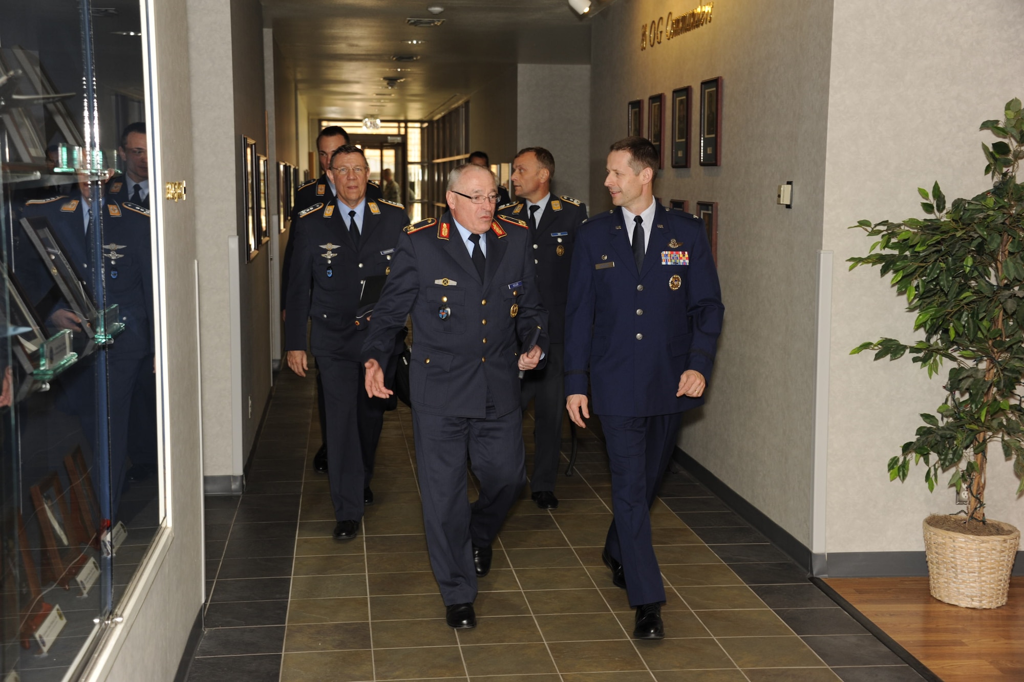 Col. Dieter Bareihs (front right), 80th Flying Training Wing commander, visits with German Air Force Brig. Gen. Rainer Keller, commander of the GAF Training Command, during a tour of the Euro-NATO Joint Jet Pilot Training Program in March 7, 2012.  Bareihs will head for an assignment at the Pentagon after his change of command ceremony March 28. (U.S. Air Force photo/Danny Webb) 