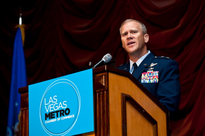 Maj. Gen. Jeffrey Lofgren, United States Air Force Warfare Center commander, speaks at the Las Vegas Metro Chamber of Commerce luncheon March 19, 2013, at the Texas Station Hotel and Casino in Las Vegas. Lofgren was the keynote speaker and spoke about the impact of Nellis Air Force Base, Creech AFB, and the Nevada Test and Training Range on the local community. (U.S. photo by Airman 1st Class Jason Couillard)