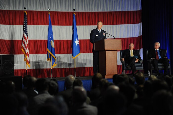U.S. Air Force Maj. Gen. Jeffrey G. Lofgren, USAF Warfare Center commander, speaks during an F-35 Lightning II arrival ceremony March 19, 2013, in the Thunderbird Hangar at Nellis Air Force Base, Nev. The F-35A will be integrated into advanced training programs such as the USAF Weapons School, Red Flag and Green Flag exercises. (U.S. Air Force photo by Staff Sgt. William P. Coleman)