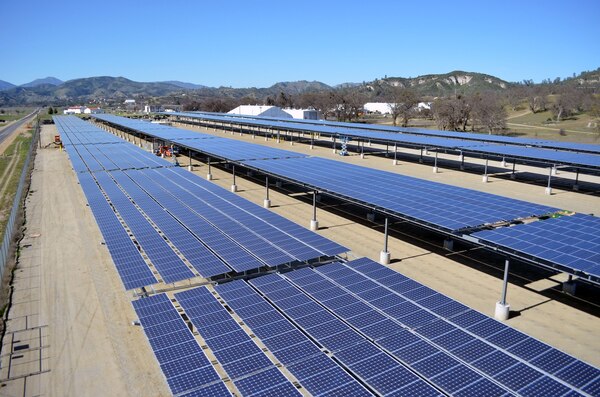 Solar panel arrays form a canopy at a construction site in Fort Hunter Liggett, Calif., March 12, 2013. The construction site is for phase 1 and 2 of a solar microgrid project at the installation, managed by the U.S. Army Corps of Engineers Sacramento District. Phase 1 was completed in April 2012 and generates one megawatt of power, enough energy to power 250 to 300 homes. Phase 2, scheduled for completion in May 2013, will generate an additional one megawatt of power and is expected to be the second of four at the post. The Sacramento District awarded contracts of $8.4 million for phase I and $9.7 million for phase 2. Along with the energy production, the cover provided by the panel arrays will shade the majority of the post’s vehicles. Fort Hunter Liggett is one of six pilot installations selected by the U.S. Army to be net zero energy, meaning the installation will create as much energy as it uses.