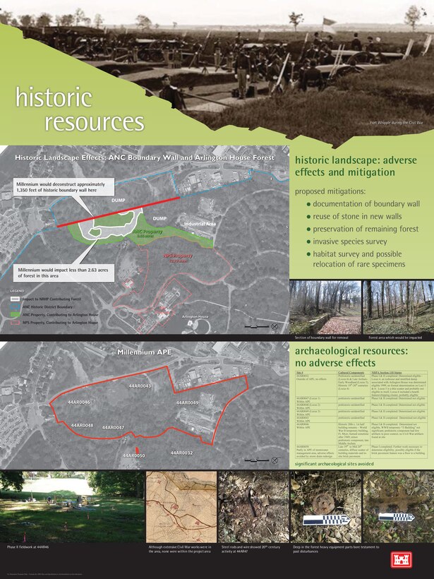 A graphic overview of the historic resources located within the boundaries of Arlington National Cemetery's Millennium Project. The project will add 30,000 burial and niche spaces to the cemetery. 