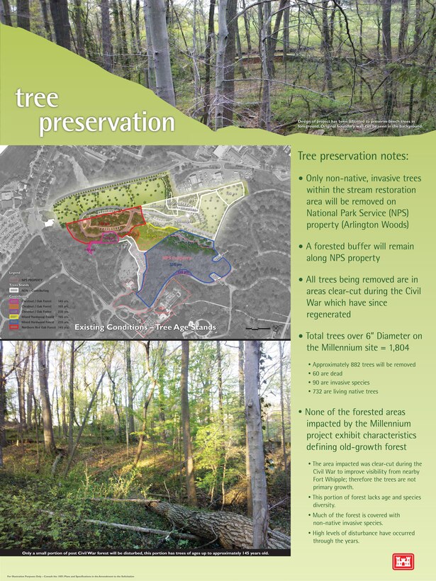 A graphic overview depicting the trees currently located within the boundaries of Arlington National Cemetery's Millennium Project. The project has 1,804 trees, with 6 inches or greater diameter, located on site; 732 living native trees have been identified for removal. 
