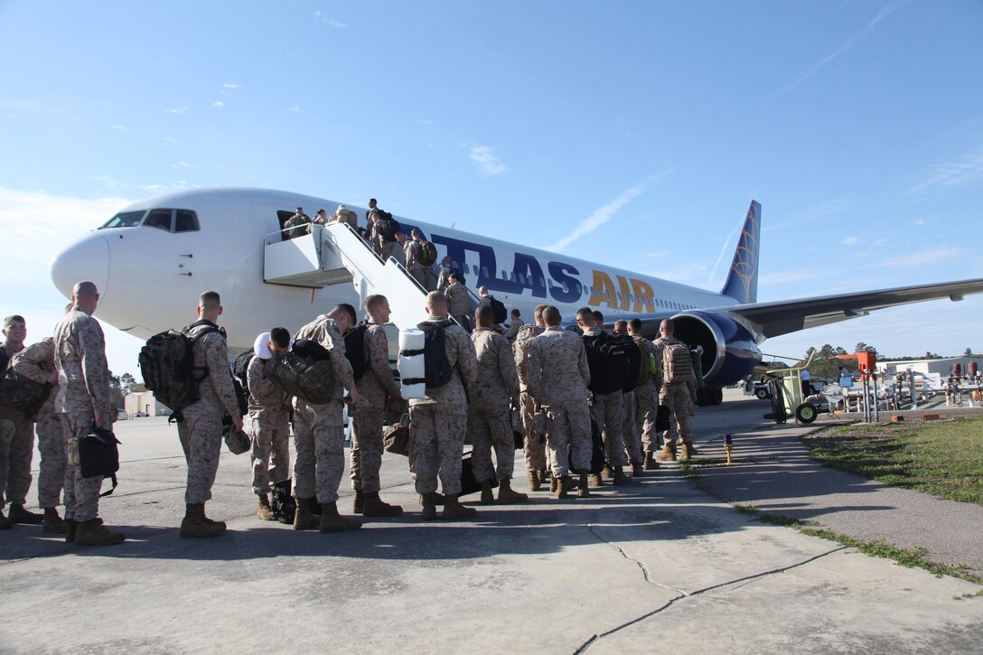 Marines with Marine All-Weather Fighter Attack Squadron 533 prepare to deploy from the Air Station, March 20. The squadron will be deployed to the Western Pacific in support of the Unit Deployment Program. The mission of this deployment is to ensure that our Marines are prepared for future conflicts.